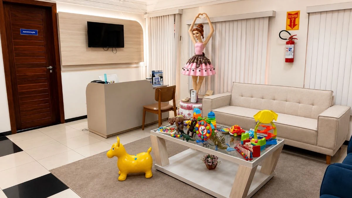 Sala de espera com sofás e área de convivência