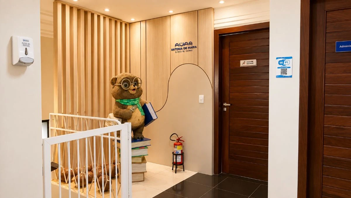 Corredor da clínica com a marca na parede e a porta da sala de vacinas