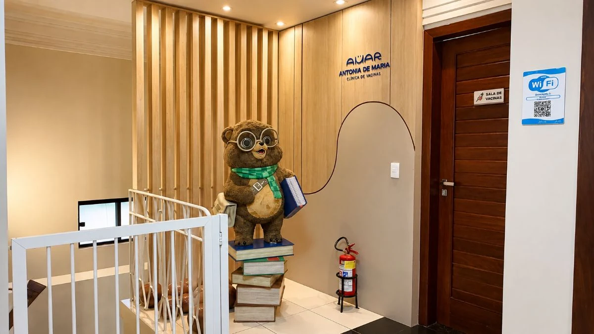 Entrada da sala de vacinas com a marca na parede